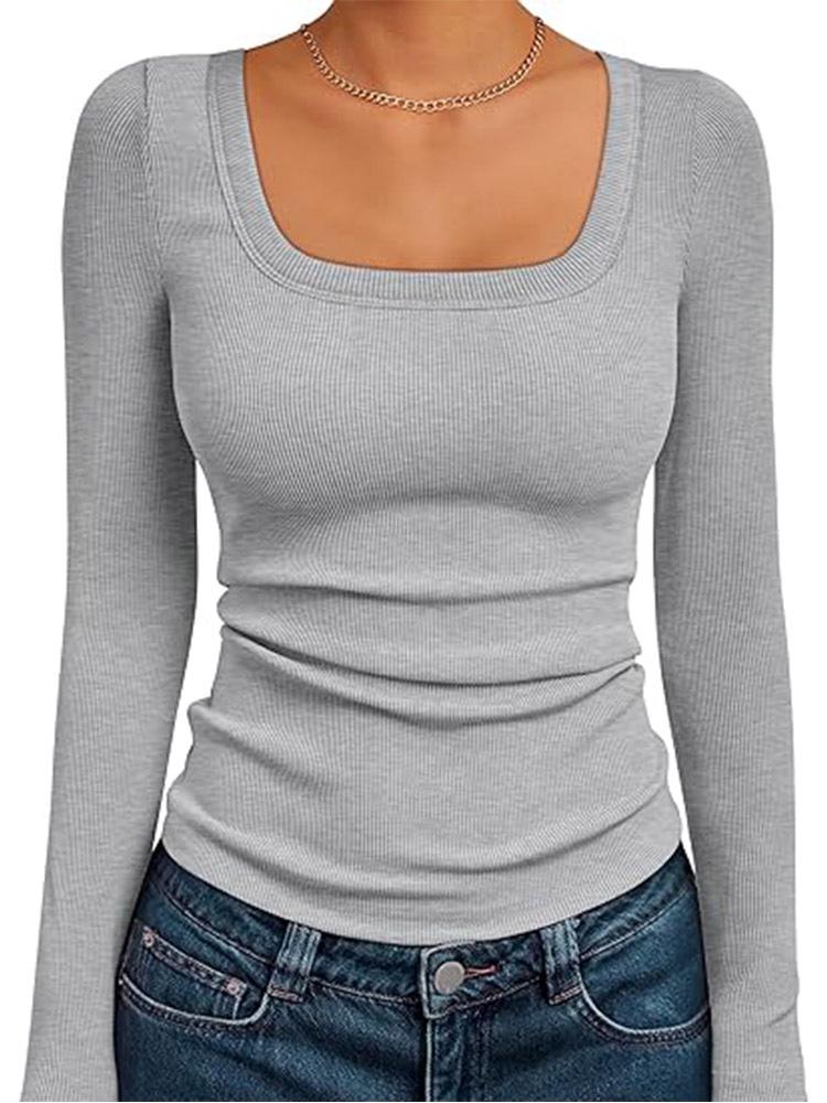 Crop Top da Donna a Maniche Lunghe a Coste con Scollo Quadrato - Stile Autunnale