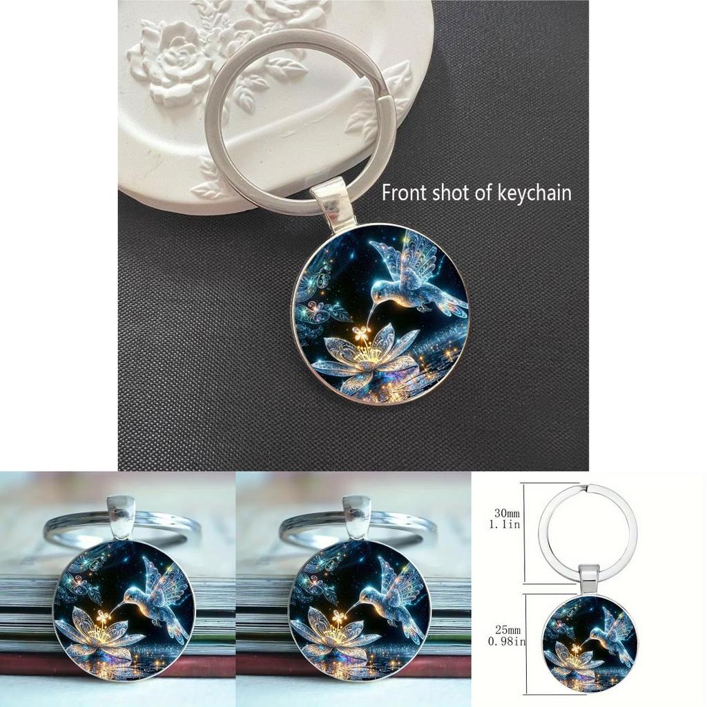 Modern Hummingbird Blossom Alloy Keyring With Glass Finish For Promotional Gifts And Party Favor Use