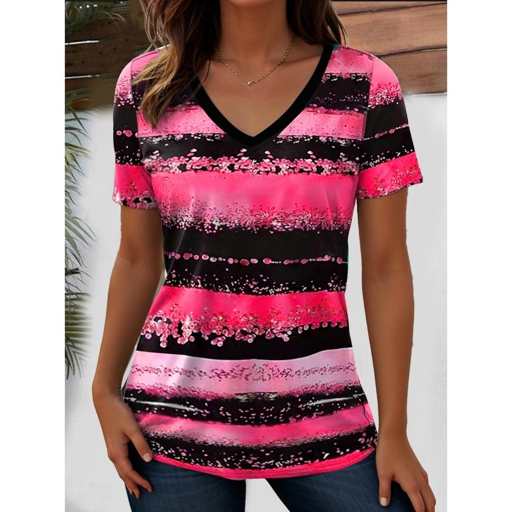 Women's T-Shirt Ocean Striped Graphic Fashion Short Sleeved V-Neck Regular Tops Daily Print Tee Summer Spring casual Tops