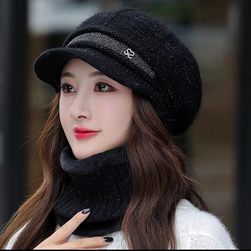 

Вязаная шапка женская универсальная шапка шарф комплект из двух предметов зимняя подходит для большого лица теплая и бархатистая материнская шапка one size elastic (hat + scarf)