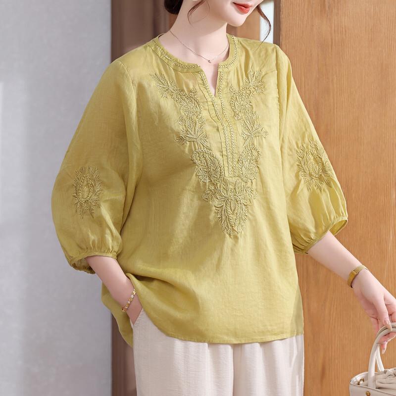 Xuexi Women s 100% Ramie Embroidered Short-Sleeve Top L
