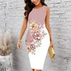 Women Plus Size Sleeveless Round Neck Midi Bodycon Dress Vertical Stripe And Bottom Floral Print Slim Fit Dress