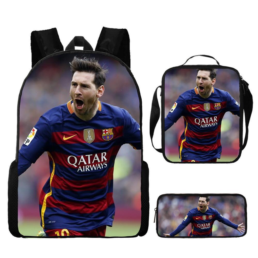 Sac à dos scolaire imprimé Messi pour étudiant Sac à dos Satchel C Luo pour Neymar Ensemble trois pièces
