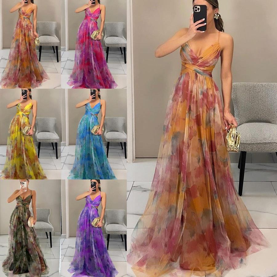 Popular Dress Mesh Printed Suspender Dress INS Vacation Party Dress Summer
