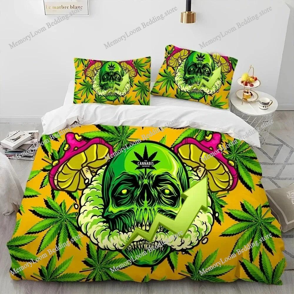 Artwork Unique Maple Weed Plant Green Death Skull Smoke Bedding Set Queen/King Size Duvet Cover Comforter Soft Cozy Home Textile