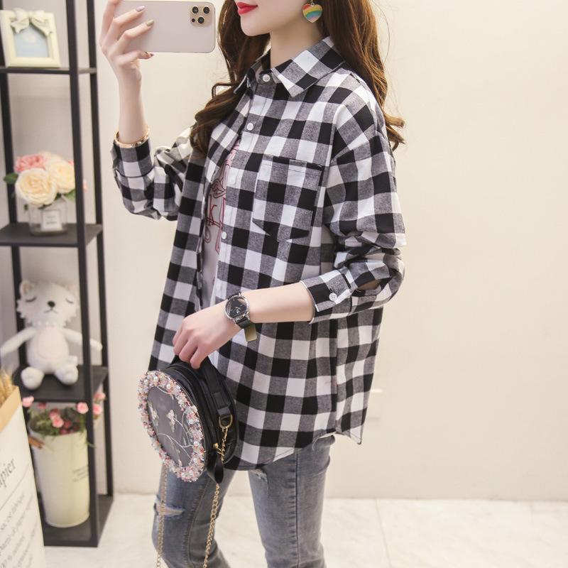 Camisa holgada de manga larga a cuadros para mujer, estilo coreano, chaqueta informal y versátil para estudiantes para primavera y otoño, talla grande, algodón