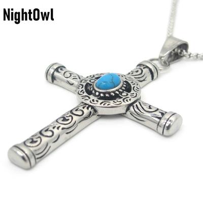 Cool Mens Celtic Norse Turquoise Cross Stainless Steel Necklace Gothic Pendant