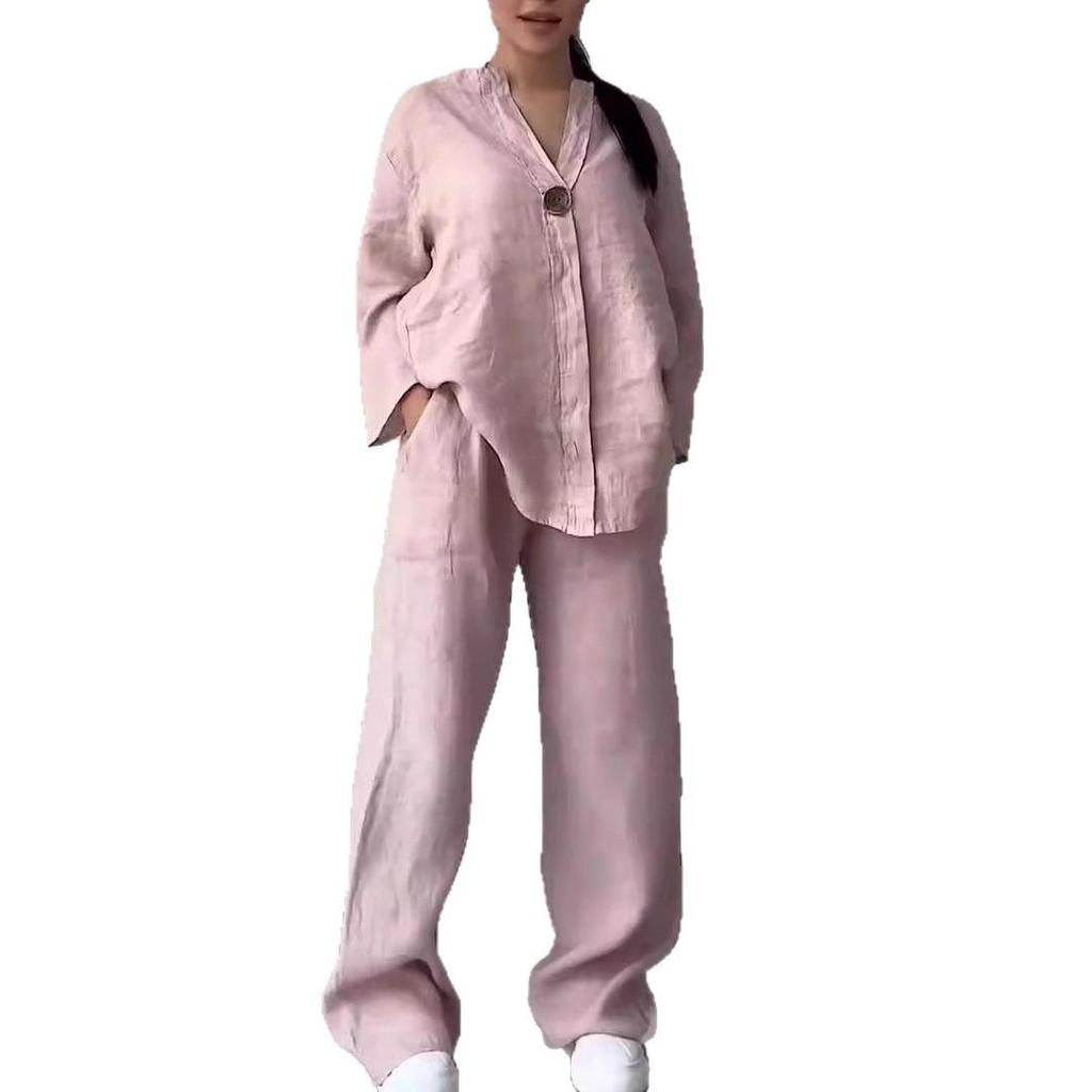 2026 Fashionable European-American Women's Cotton Linen Set: Comfortable Loose Top & Wide-Leg Pants