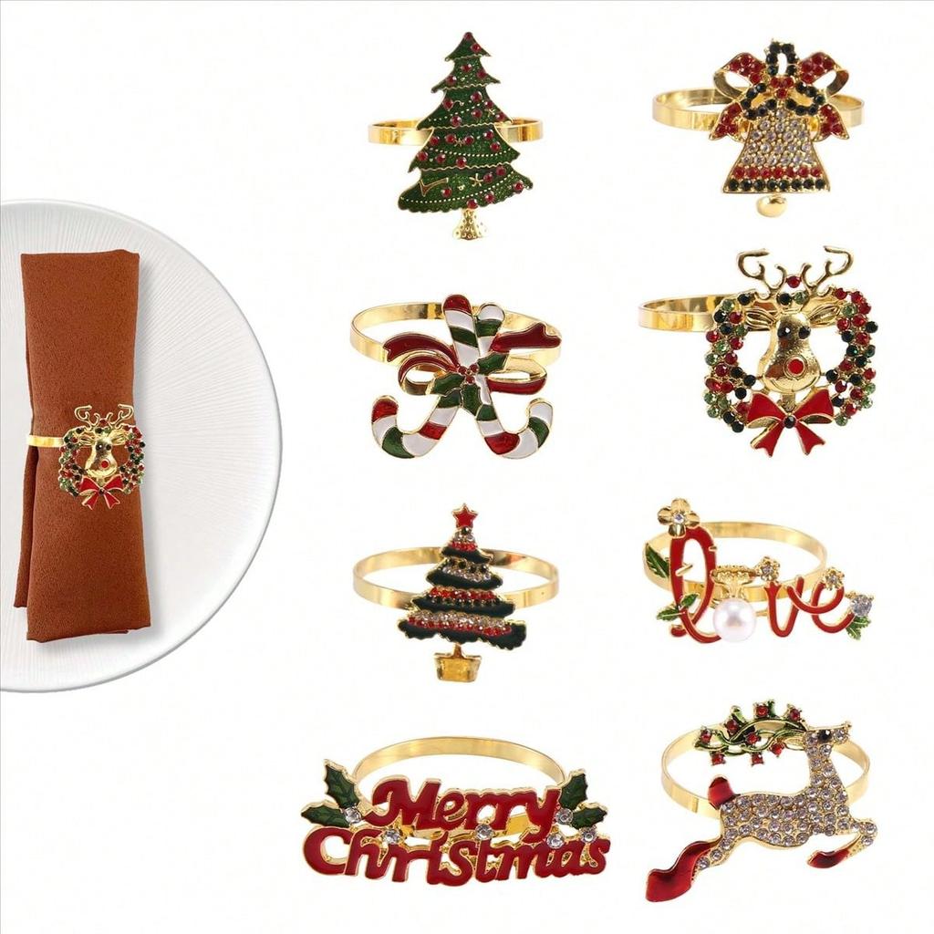 Christmas Napkin Rings - Set Of 8 Napkin Holder Rings For Holiday Christmas Table Decoration Napkin Buckle
