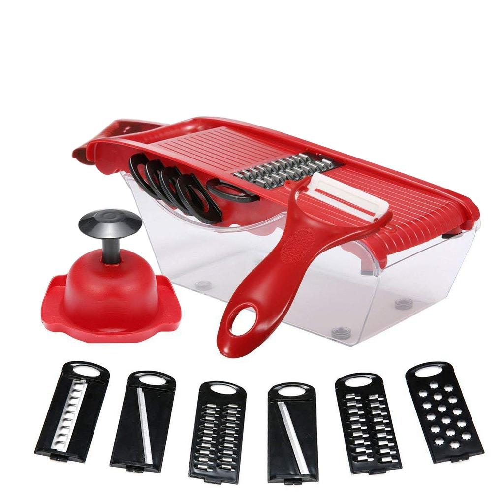 Mandoline multifonction 6 en 1 avec récipient, hachoir à oignons, coupe-légumes, râpe à salade, trancheuse JT29