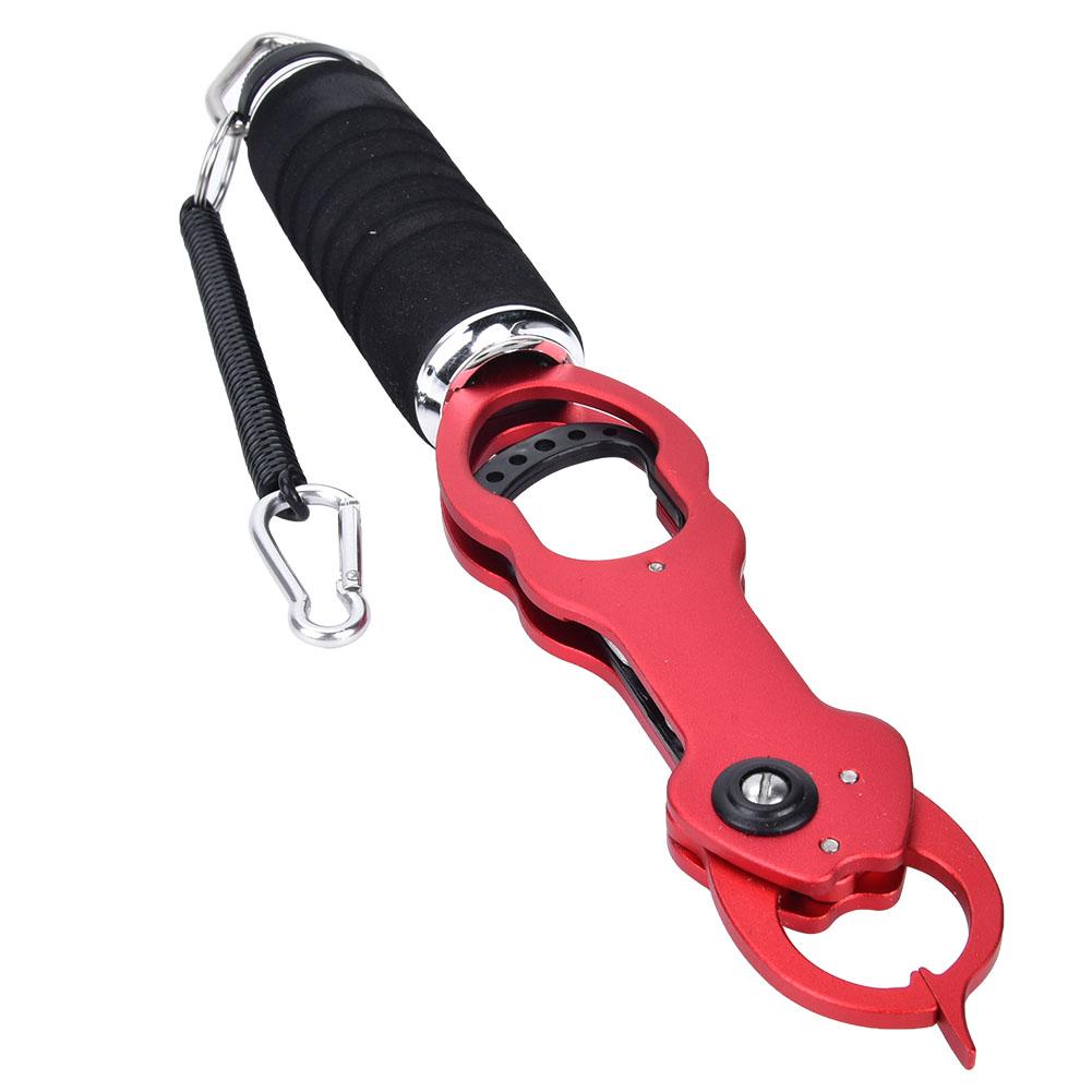 Portable Aluminium Alloy Fishing Grip Gripper Fish Lip Grabber Tool with Weigh Measure Red