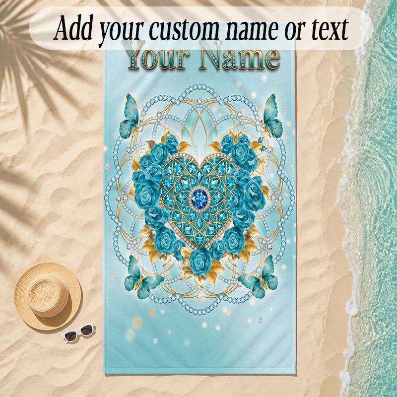 Hearts Theme Soft Beach Towel Personalized Custom Name Text Towel Portable for Beach Pool Travel