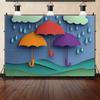 Fondo de banner con tema de gotas de lluvia y paraguas 3D, accesorios para sesión de fotos en estudio, póster de jardín de infantes, accesorios para fiesta de cumpleaños infantil