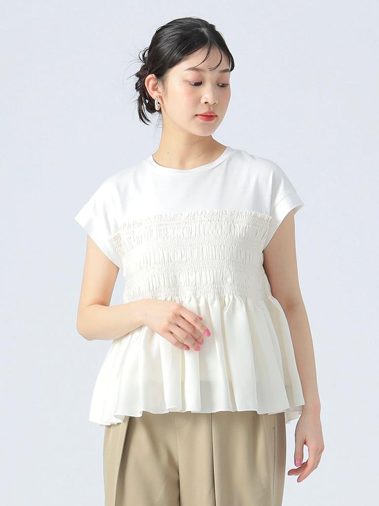 Beams Heart Mixed Material Shirred French Off One Size S/S Tee, Pullover, Women's, White,