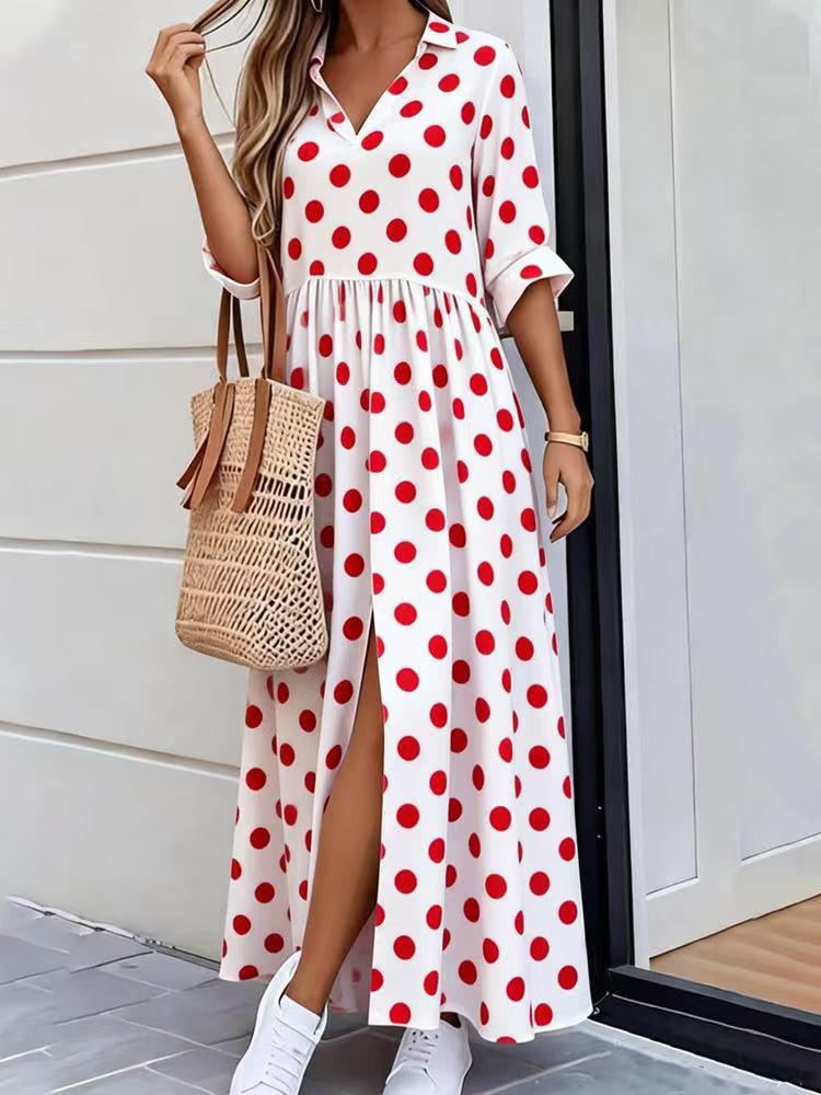 Spring Women's Casual Loose Printed Beach Dress with Lapel and Mid-Sleeve Pockets