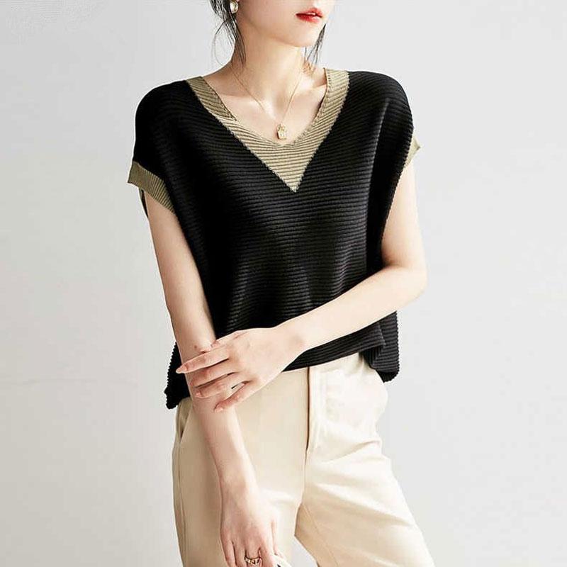 

Модные полосатые пуловеры контрастных цветов, свободные, летние, новые, с коротким рукавом, женские, корейские, элегантные, с V-образным вырезом, вязаная футболка с вставками XXL чёрный