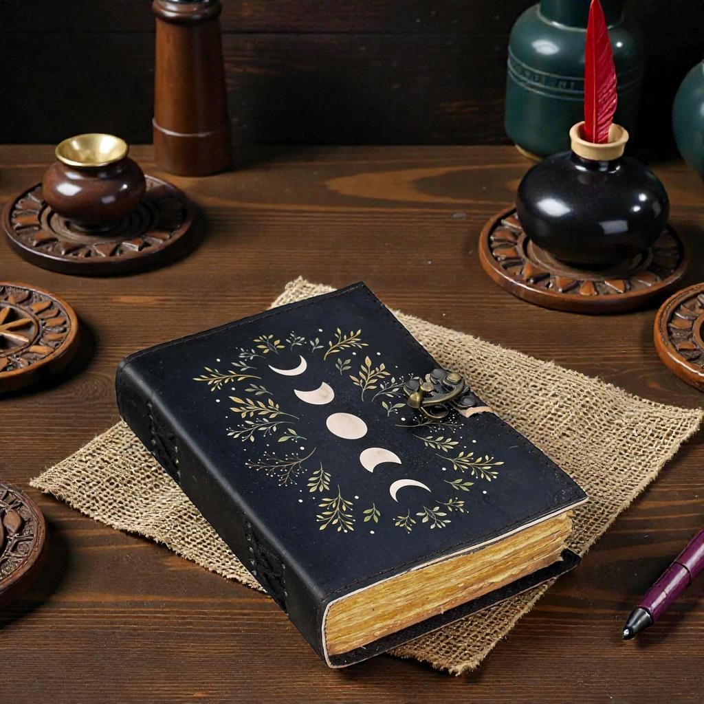 Moon Phase Leather Journal 5×7” | Handmade Deckle Edge Paper Diary 200 Pages | Black Mystic Notebook | Wiccan Moon Phases Journal with Lock