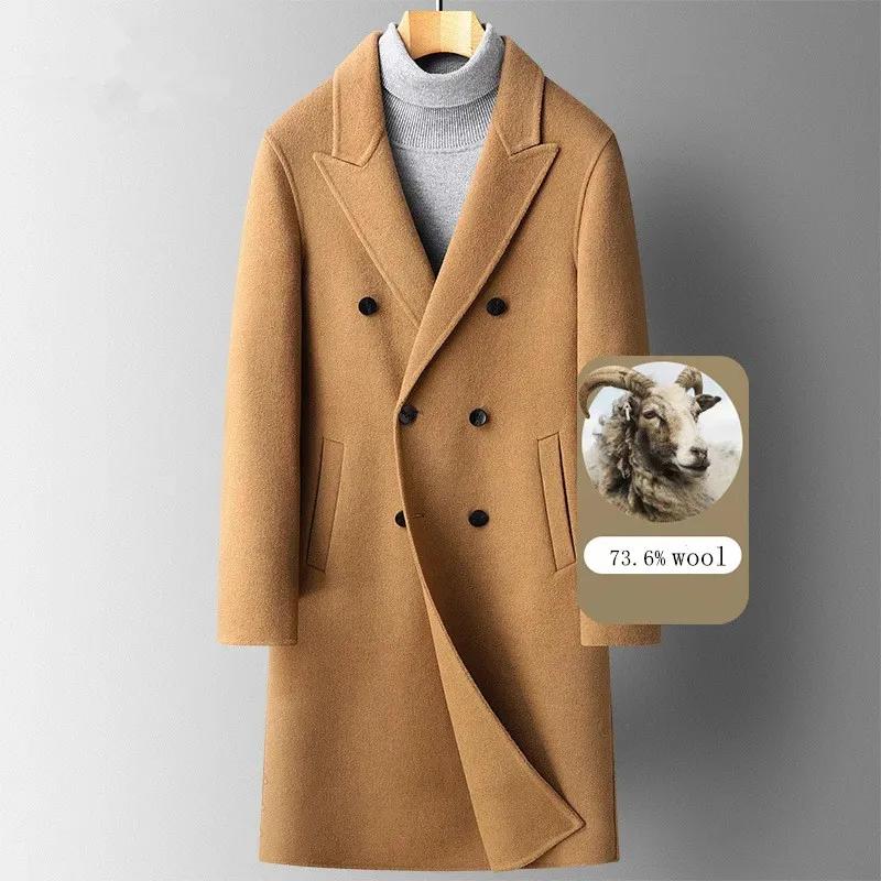 Trench in Lana Double Face da Uomo, Capospalla in Lana Nero, Cappotto Lungo, Doppiopetto, Spesso Nero, Autunno, Inverno