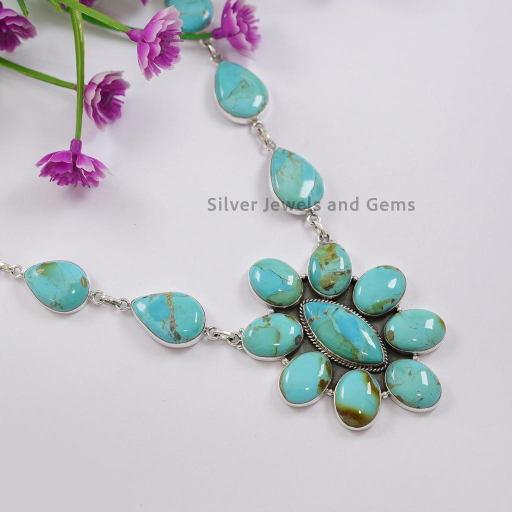 Kingman Turquoise Statement Necklace, 925 Sterling Silver Cluster Necklace