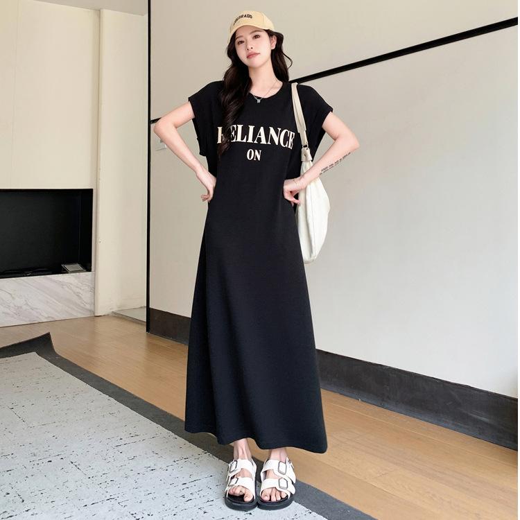 European casual arm-covering dress summer large size fat mm loose belly-covering straight T-shirt skirt split-ended long dress
