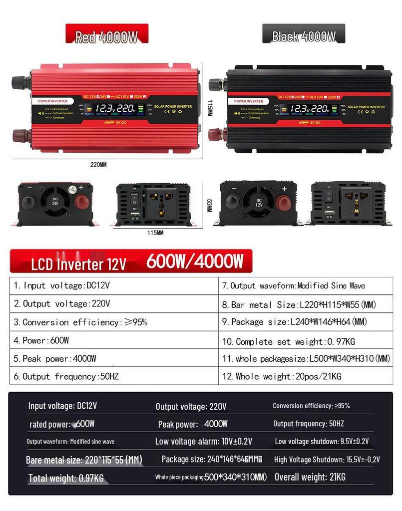 4000W Digital Car Power Inverter 12V/24V to 110V/220V
