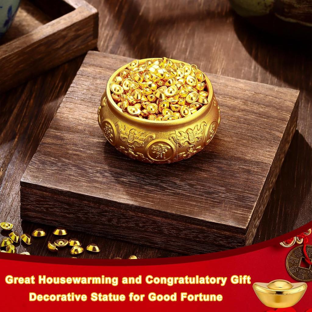Golden Treasure Basin with 400pcs Ingot Yuan Bao Good Luck Wealth Prosperity Figurine for Home Office Decor Housewarming Gift