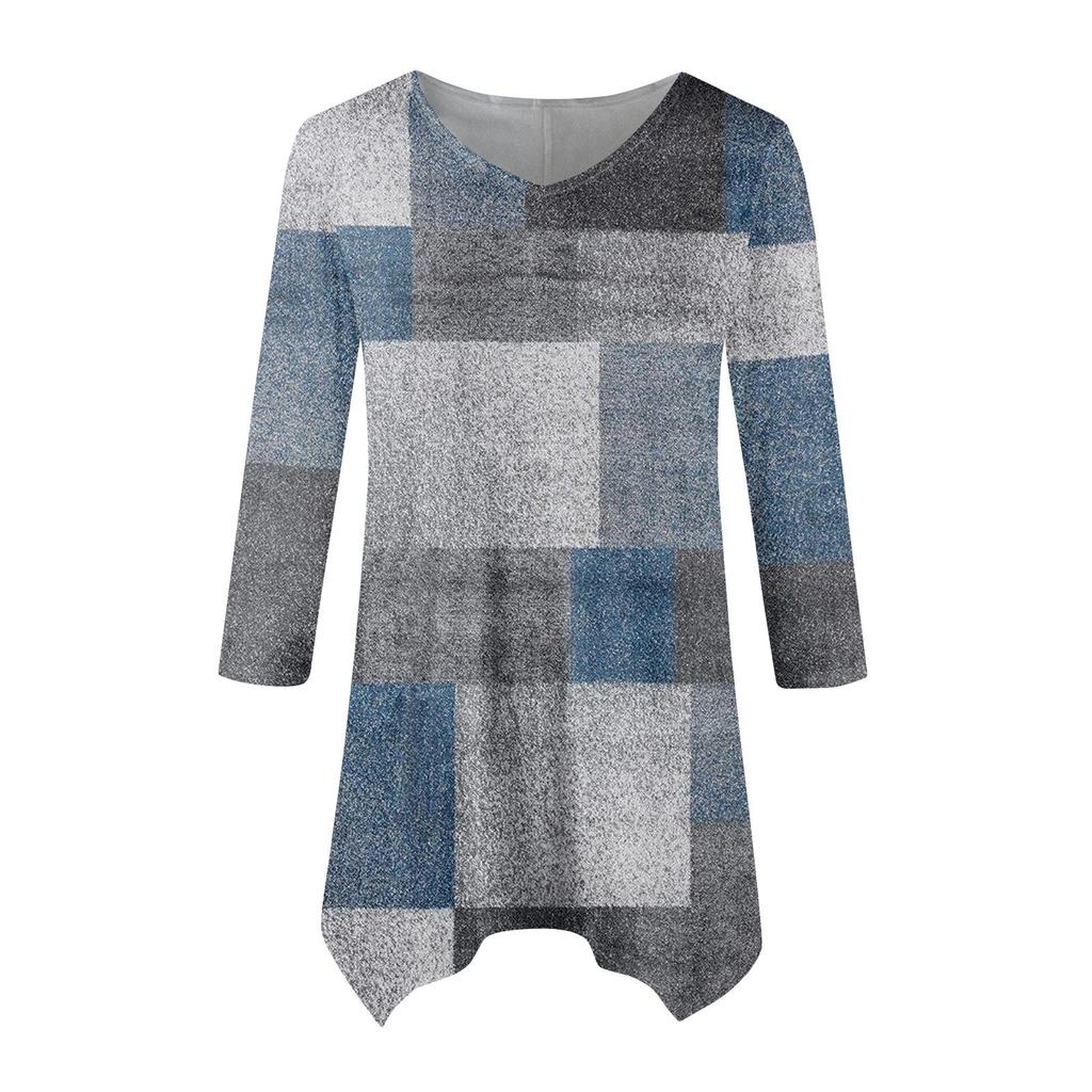 Moda Donna Casual Scollo a V Colore a Contrasto Stampato Manica a Sette Punti Camicia Cinturata Top Ampio Confortevole