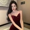 Premium French golden velvet suspender dress for women's autumn and winter sexy tight fishtail long dress split hip wrap dress skirt