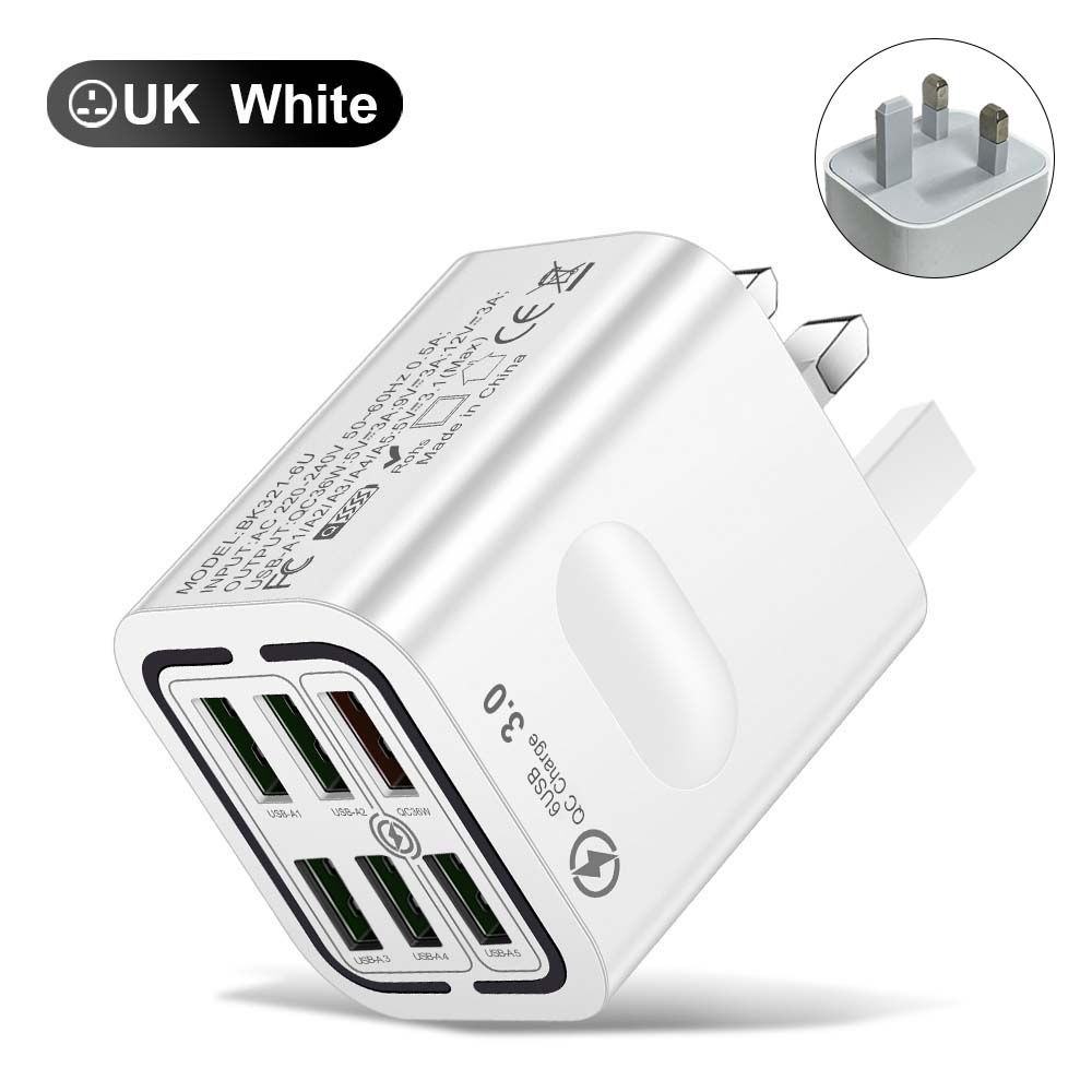 6-Port USB Charger Mobile Phone Fast Charging Wall Adapter for iPhone Xiaomi Samsung Huawei US/UK Plug