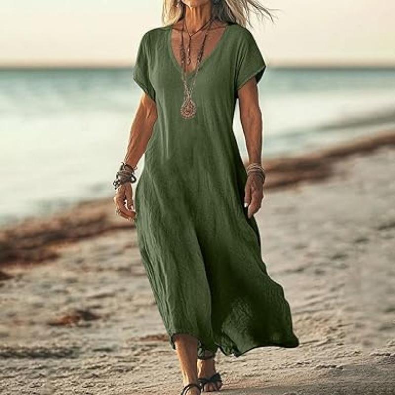 YYFS Women's Fashion Summer Spring Solid Color Print Short Sleeve V-Neck Loose Waistlinet Casual Dresses