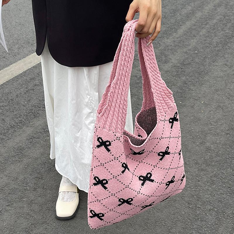 Women Crochet Tote Bag Large Capacity Bow Pattern Knitted Shopping Bag Designer Beach Bag Shoulder Bag for Traveling Handbag