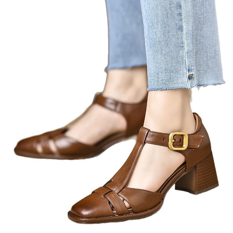 Roman Sandals Women's Summer Thick Heels Women's Shoes with Cutout Soft Leather Elegant and Versatile High Heels