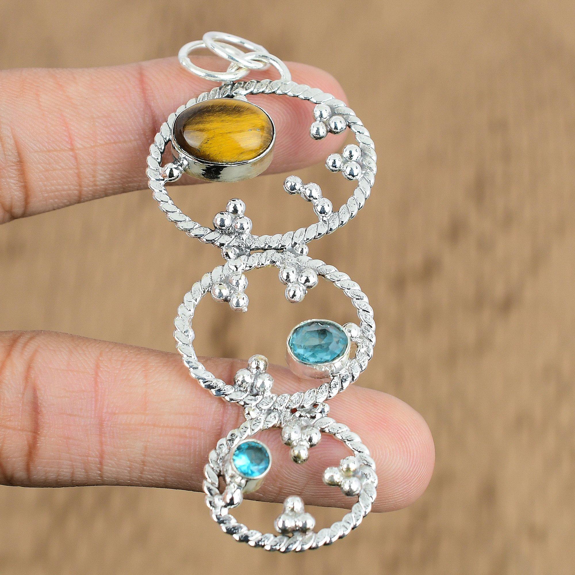 

Mothers day Deal Oval Tiger s Eye Gemstone Swiss Blue Topaz Pendant 925 Silver