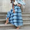 Women Skirt High Waist A-line Big Swing Ruffle Contrast Color Scattered Hem Pleated Patchwork Princess Style Elastic Waist Ankle Length Maxi Skirt