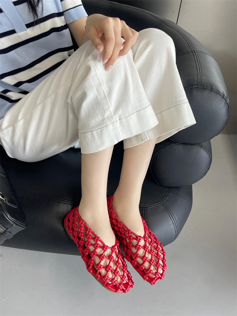 IPPEUM Women Mesh Balet Flats 2025 New Round Toe Red PU Leather Ballerina Shoes