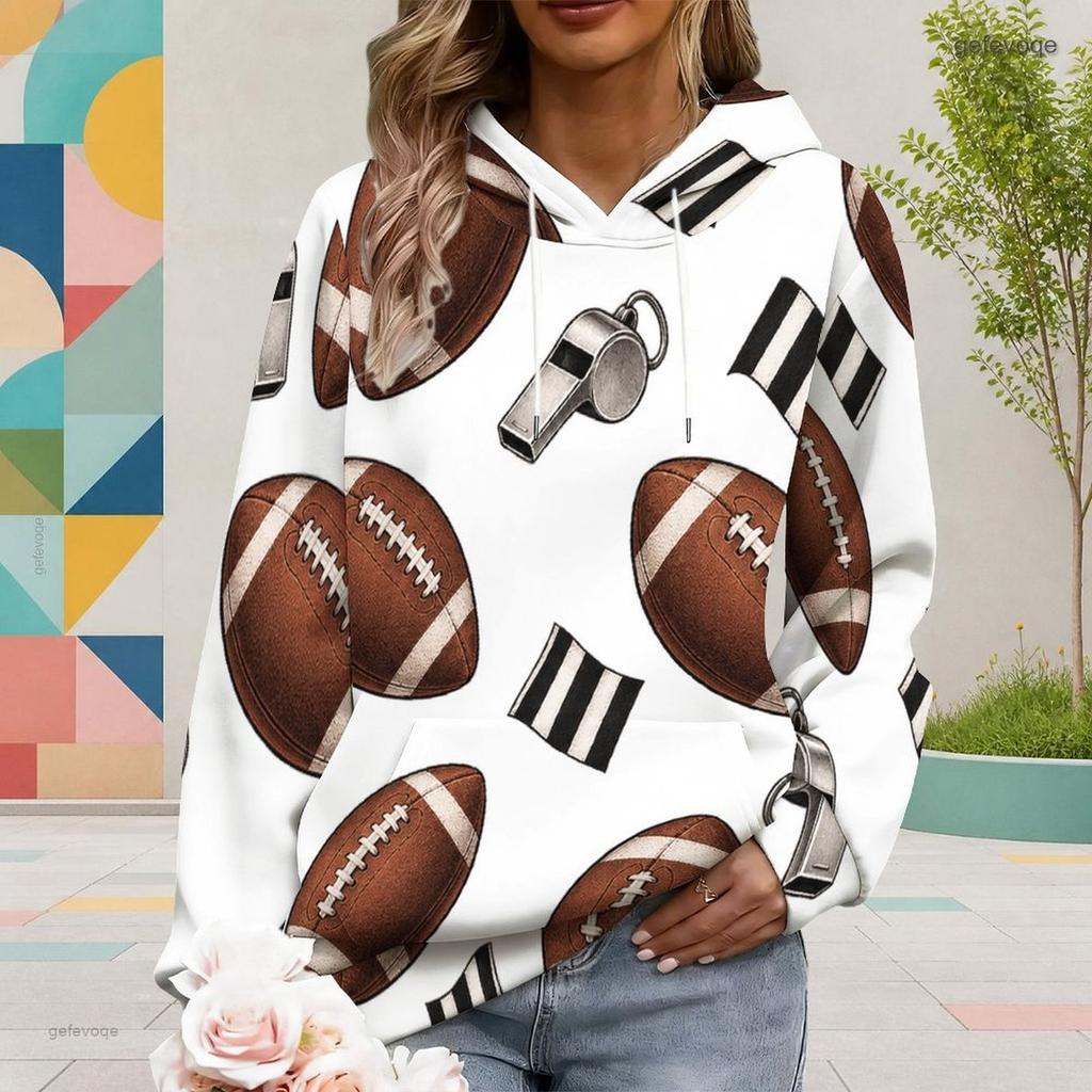 Women Plus Size White Football Star Print Long Sleeve Drawstring Hood Kangaroo Pocket Pullover Hoodie