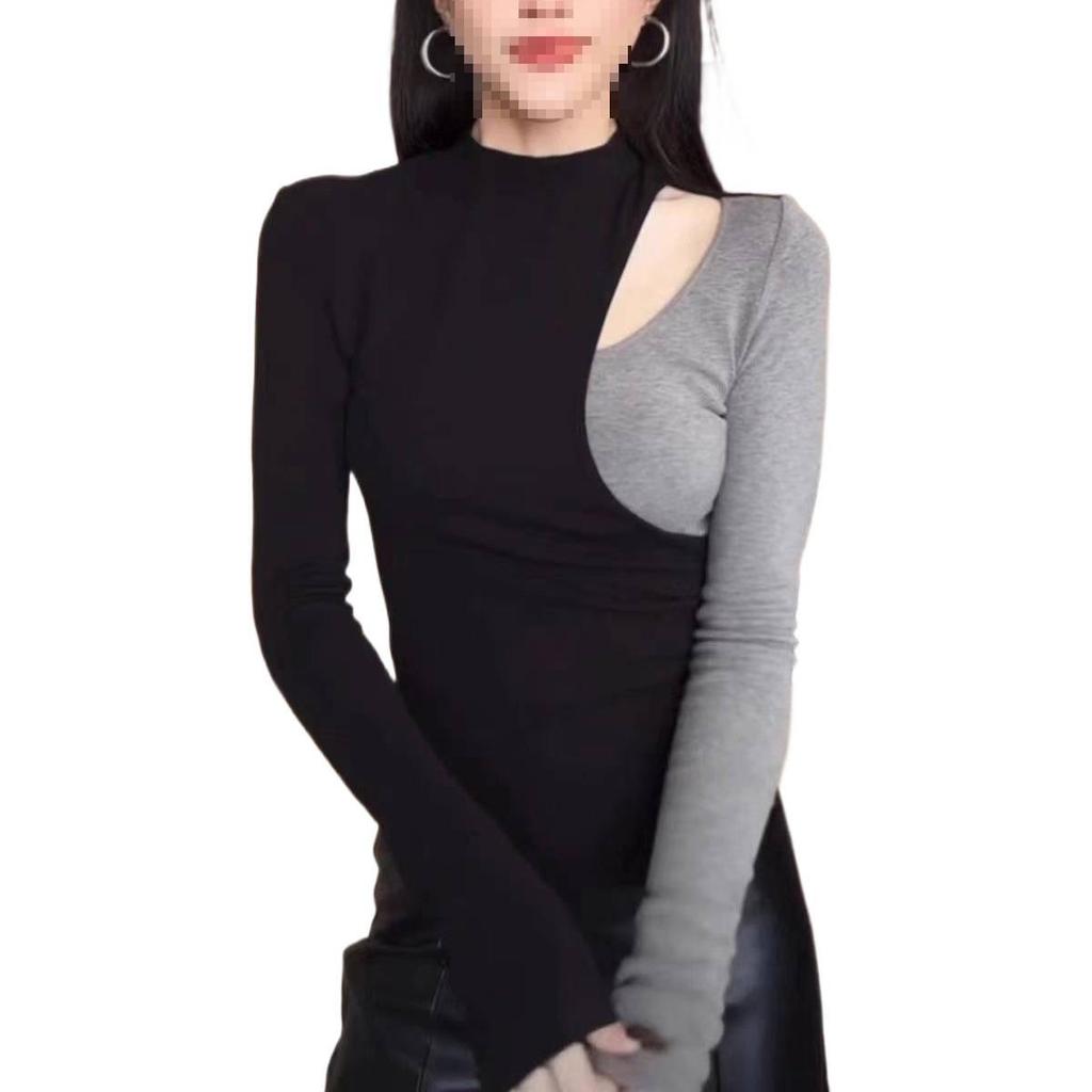 Spicy Girl Color Block Patchwork Long Sleeve T-shirt - Women's Slimming Base Layer for Autumn/Winter