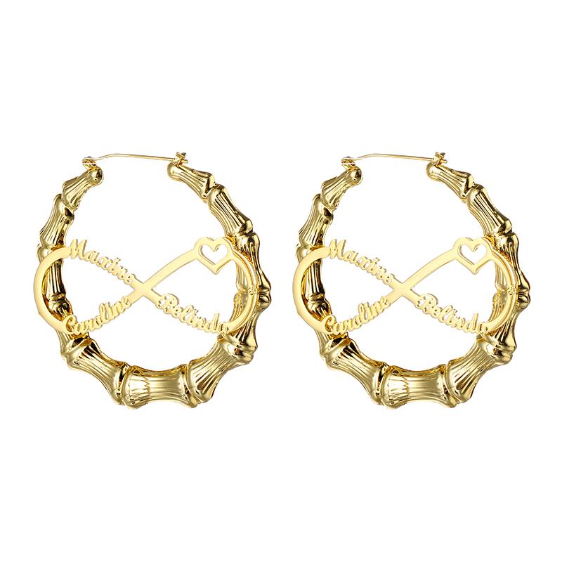 Fashion Bamboo Hoop Earring Custom Stainless Steel Personalized Name Large Stud Earrings Gold Plated Women Statement Earrings