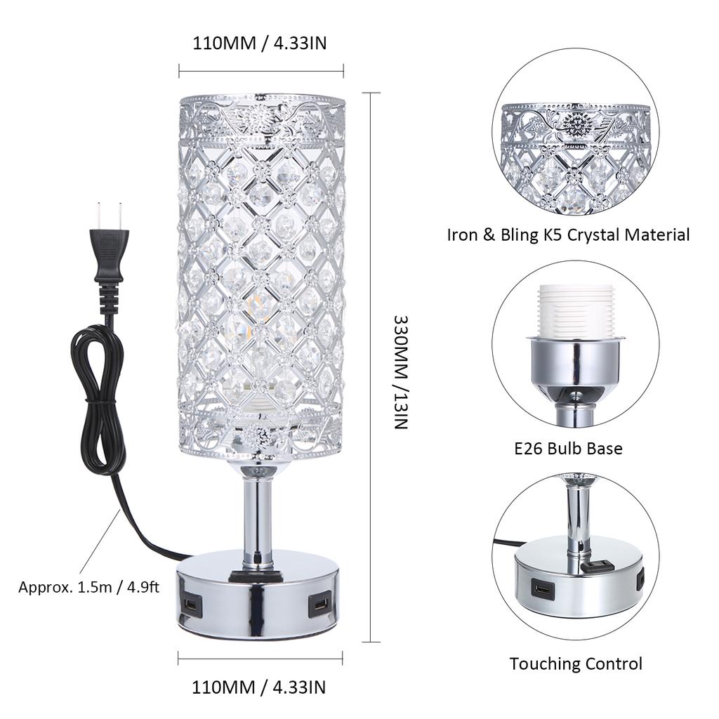 Tomshine Touching Control Nachttischlampe mit zwei USB-Ladeanschlüssen und AC-Steckdose, 3-fach dimmbar