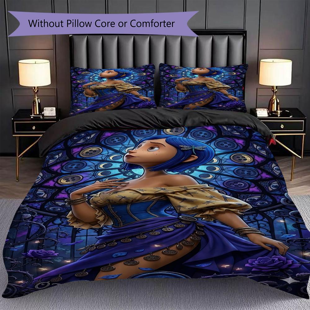 1PC Coraline Pattern Bedding Quilt Set Quilt Cover Pillowcase Home Decoration Birthday Gift (1 * Duvet Cover + 2 * Pillowcase, Without Core)