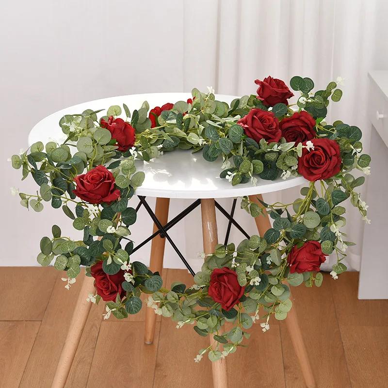 Imitation Eucalyptus Leaves Rattan Silk Roses Fake Flowers Vines Garden Balcony Living Room Decoration Artificial Rose Vine