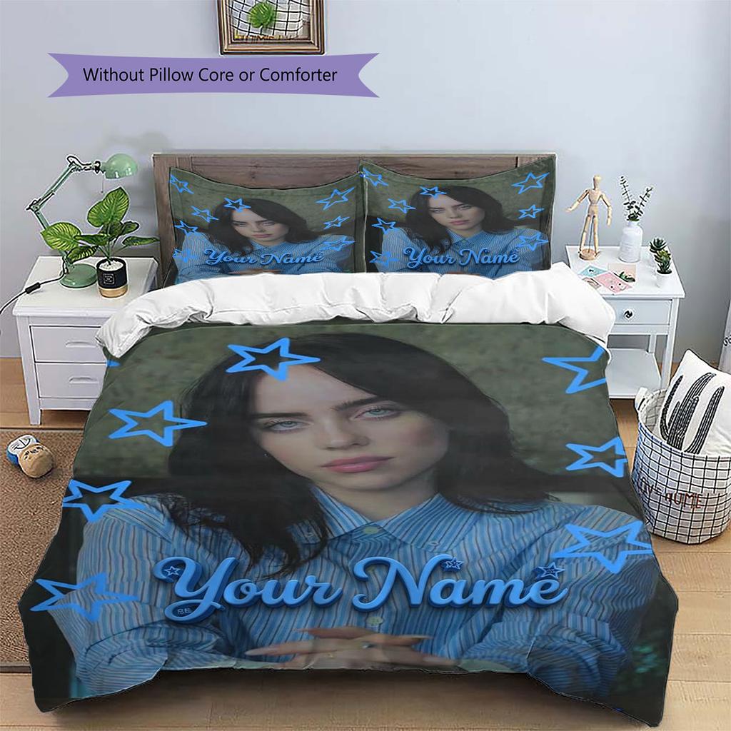 Billie Eilish Custom Name Pattern Bedding,Quilt Set Quilt Cover Pillowcase Home Birthday Gift(1 * Duvet Cover + 2 * Pillowcase, Without Core)