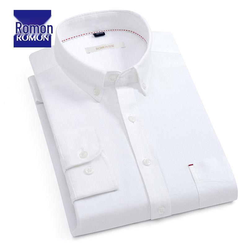 Romon Men's High-End Blue & White Cotton Oxford Long Sleeve Button-Down Shirt