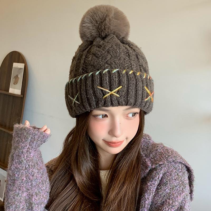 

Ankora Red Wool Ball Knitted Hat for Women Autumn and Winter New Style Plus Velvet Warm Ear Protection Woolen Hat Baotou Cold Hat Elastic (54-60cm)
