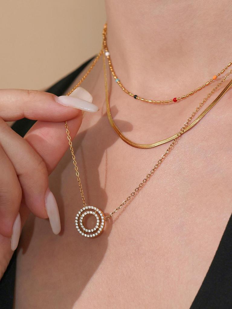 Qiong Yao European Style 18K Gold-Plated Full Diamond Double Ring Necklace & Bracelet Set in High-End Stainless Steel