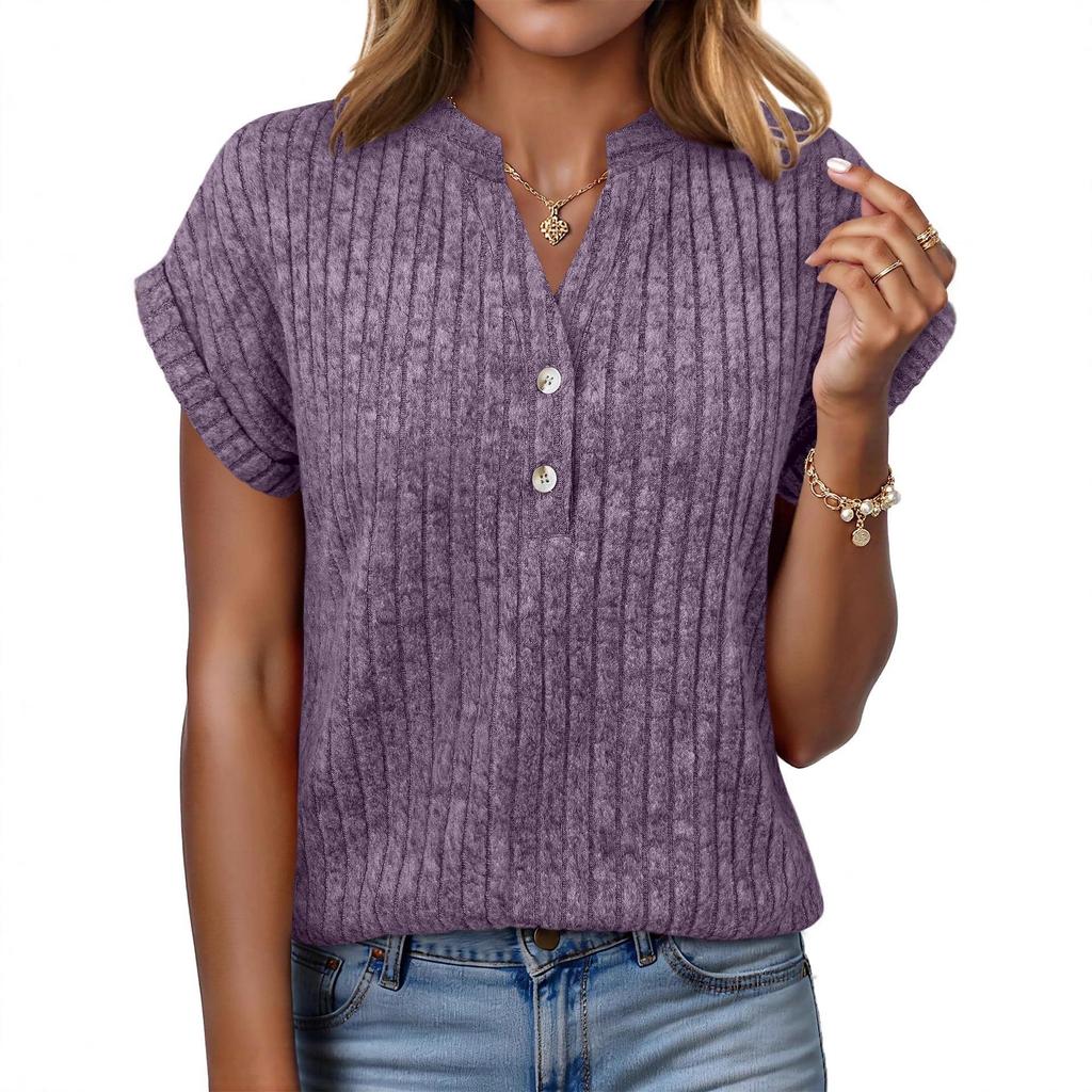 2026 Spring/Summer Casual Brushed Ribbed V-Neck Batwing Short-Sleeved Women's Top