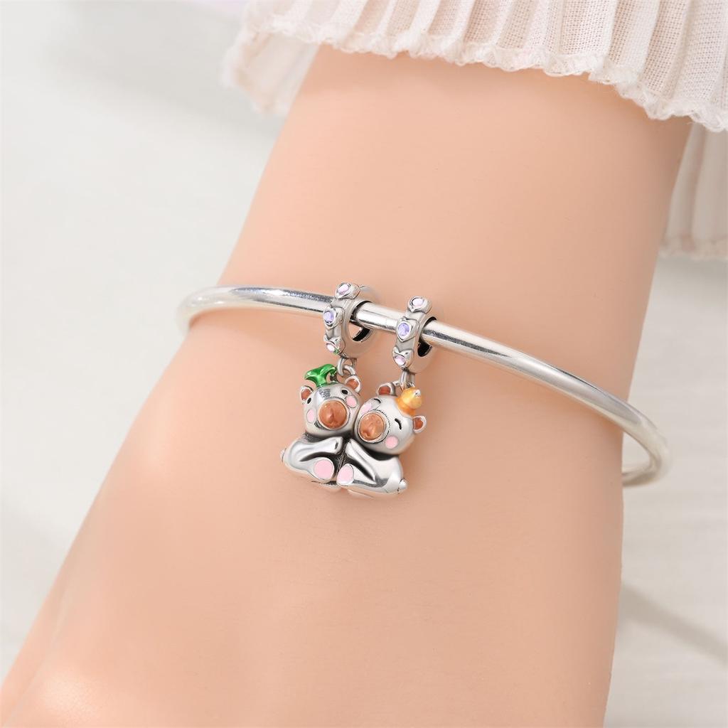 S925 Silver DIY Couple Bracelet Necklace Set with Heart Holding Hands Cat Dog Charm Pendant Bead Jewelry