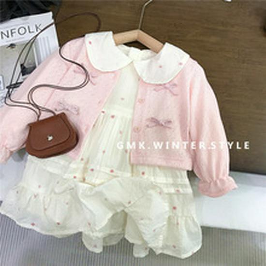 Kids' Korean Mohair Bubble Sleeve Knitted Cardigan & Floral Stand Collar Dress