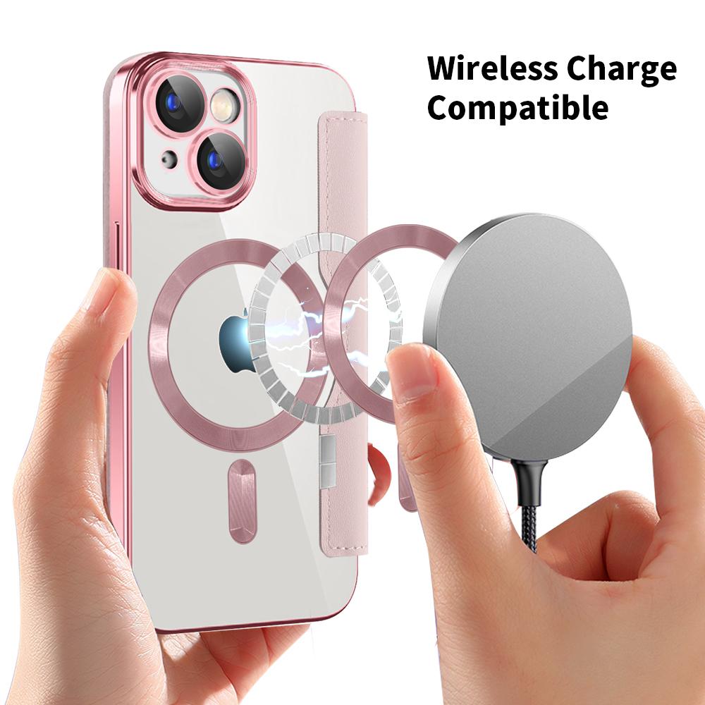 For iPhone 15 Plus Built-in Lens Film Phone Case RFID Blocking Card Slots Leather Cover Compatible with MagSafe
