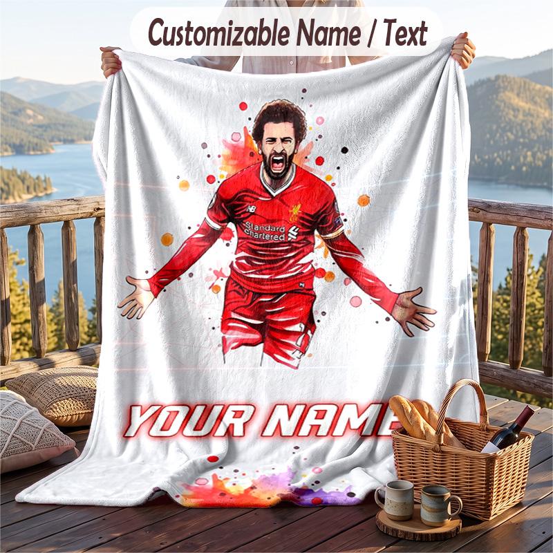 Flannel Blanket Mohamed Salah Print Custom Name Text Soft Throw for Sofa Bed